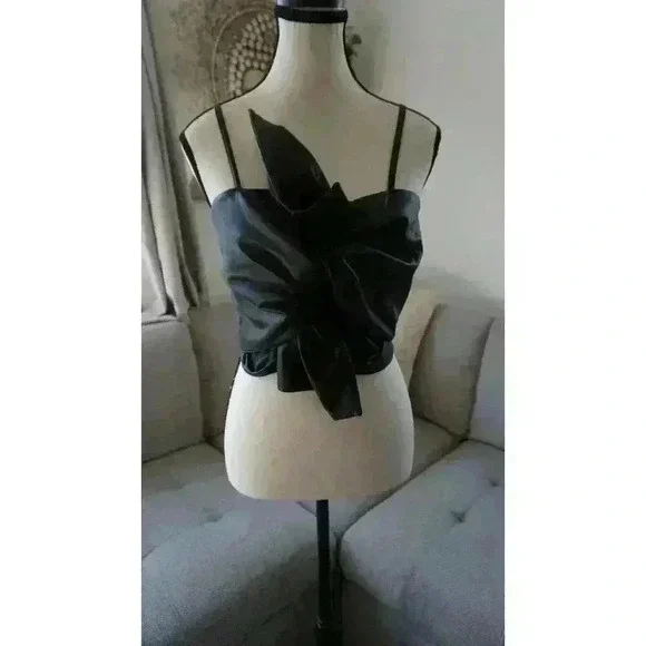 NWT The Drop Women's Black Faux Leather Bow Front Top by Signed Blake, Size S - Picture 9 of 16
